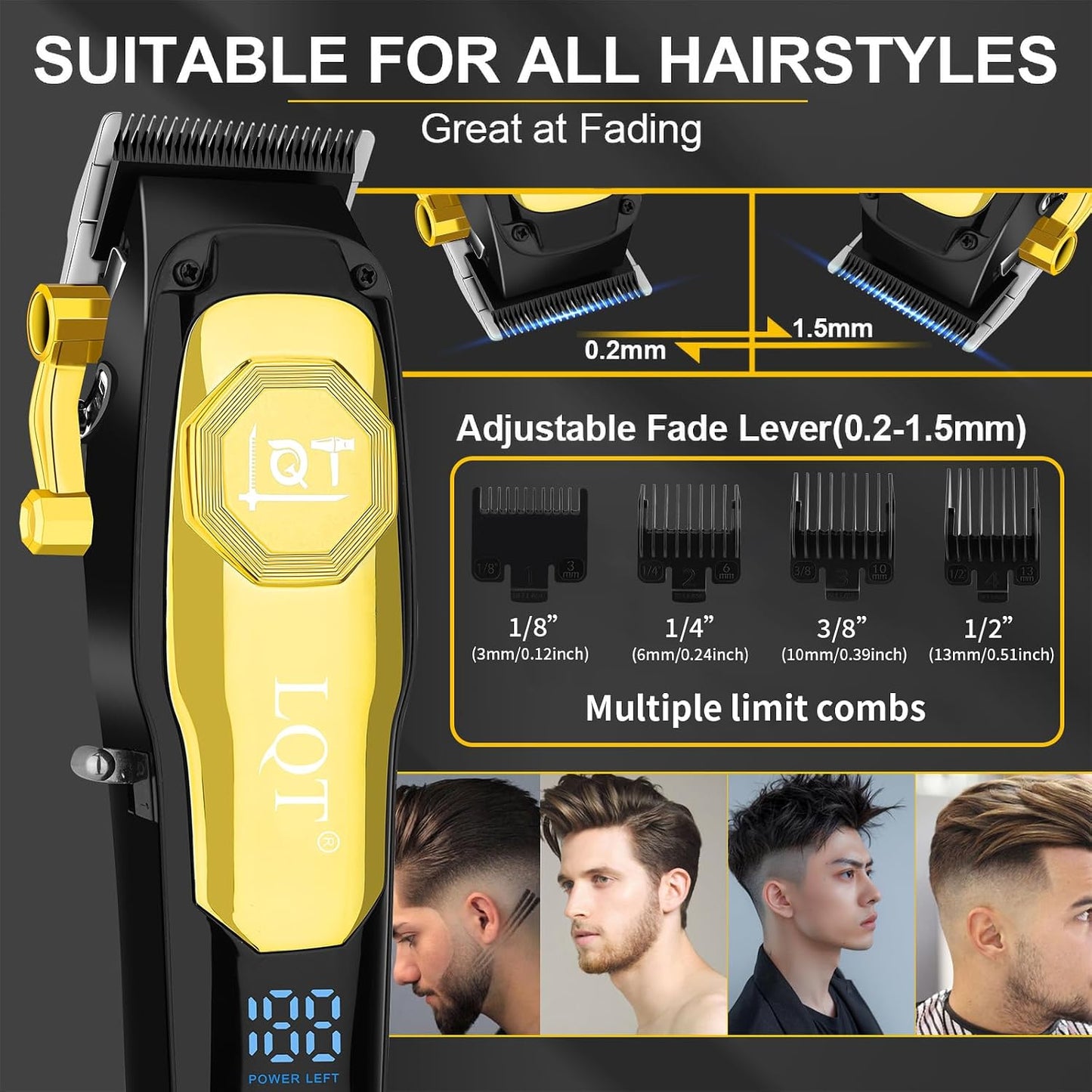 Cordless Hair Clippers for Men - Rechargeable Barber Clipper & Beard Trimmer Set | T-Blade, Adjustable Lever, LED Display, Gold