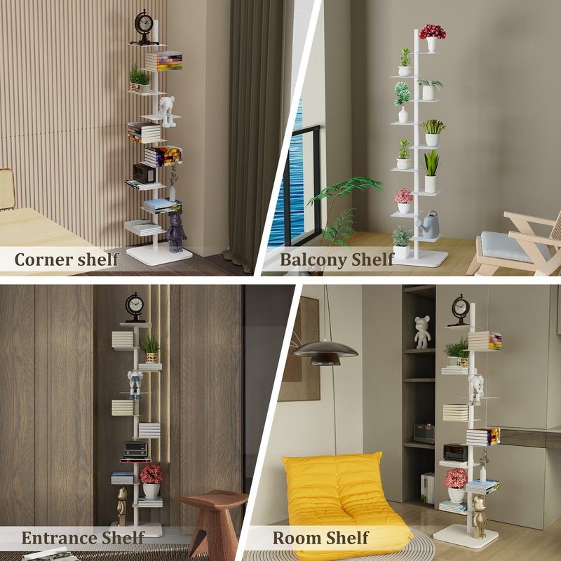Nynelly 9-Tier Metal Spine Bookshelf - Heavy Duty Vertical Book Tower, White Open Bookcase, Floor Standing Tall Narrow Book Shelf for Small Space Living Room Office Decor, Industrial Book Organizer