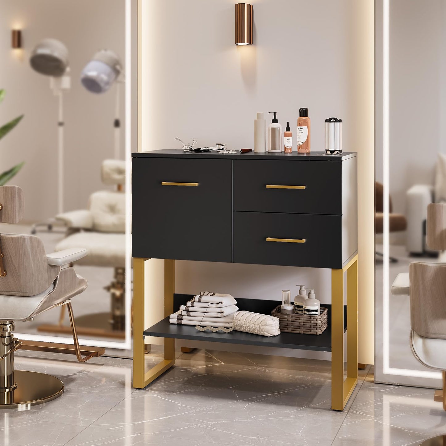 OmySalon Beauty Barber Station, Salon Stations for Hair Stylist, Salon Storage Cabinet with Drawers & Hair Dryer Holders, Styling Station for Spa Dresser, Black