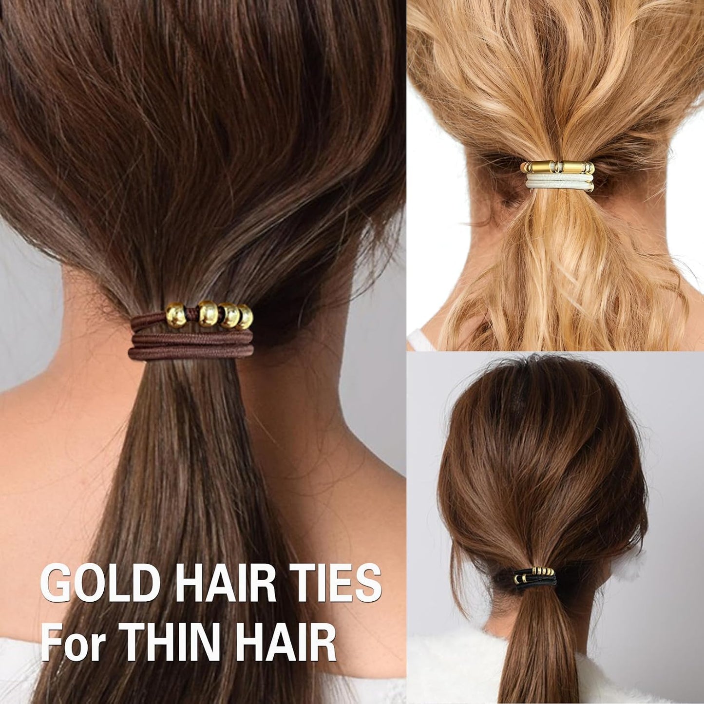 Black Hair Ties for Women - 5 Pack Elastic Ponytail Holders | 3mm Thick, No Damage, Beaded with Gold Charms