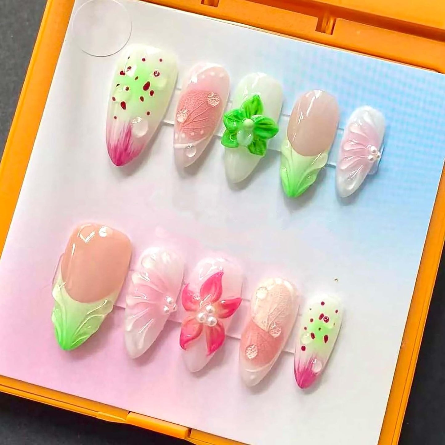 Press-On Nails - 24Pcs Medium Almond Beach Flower Design | Full Cover Acrylic with Shell & Starfish Rhinestones