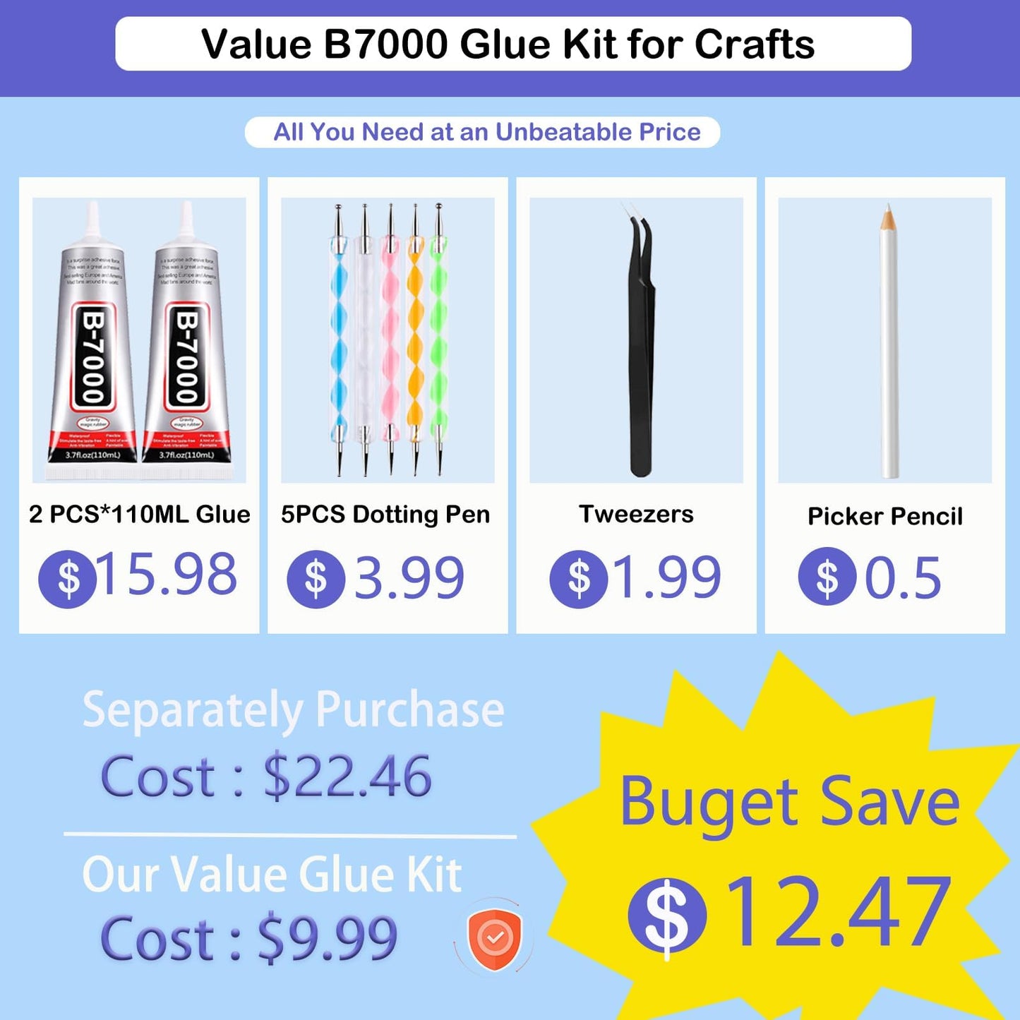 B7000 Adhesive Rhinestones Glue for Crafts, 2PCS 110ml / 3.7 fl oz with 5 Dotting Pen Tool, Wax Pencil and Tweezer, Jewelry Glue for DIY Craft, Makeup, Shoes, Jewelry Making, Nail Art