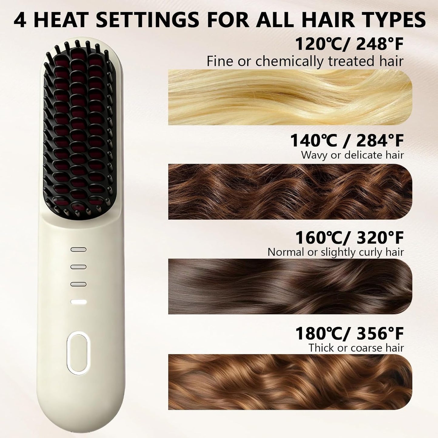 Go Brush Pro Cordless Hair Straightening Brush - 2026 Upgrade, 4 Temp Settings, Fast Heat | Frizz-Free Styling (Beige)