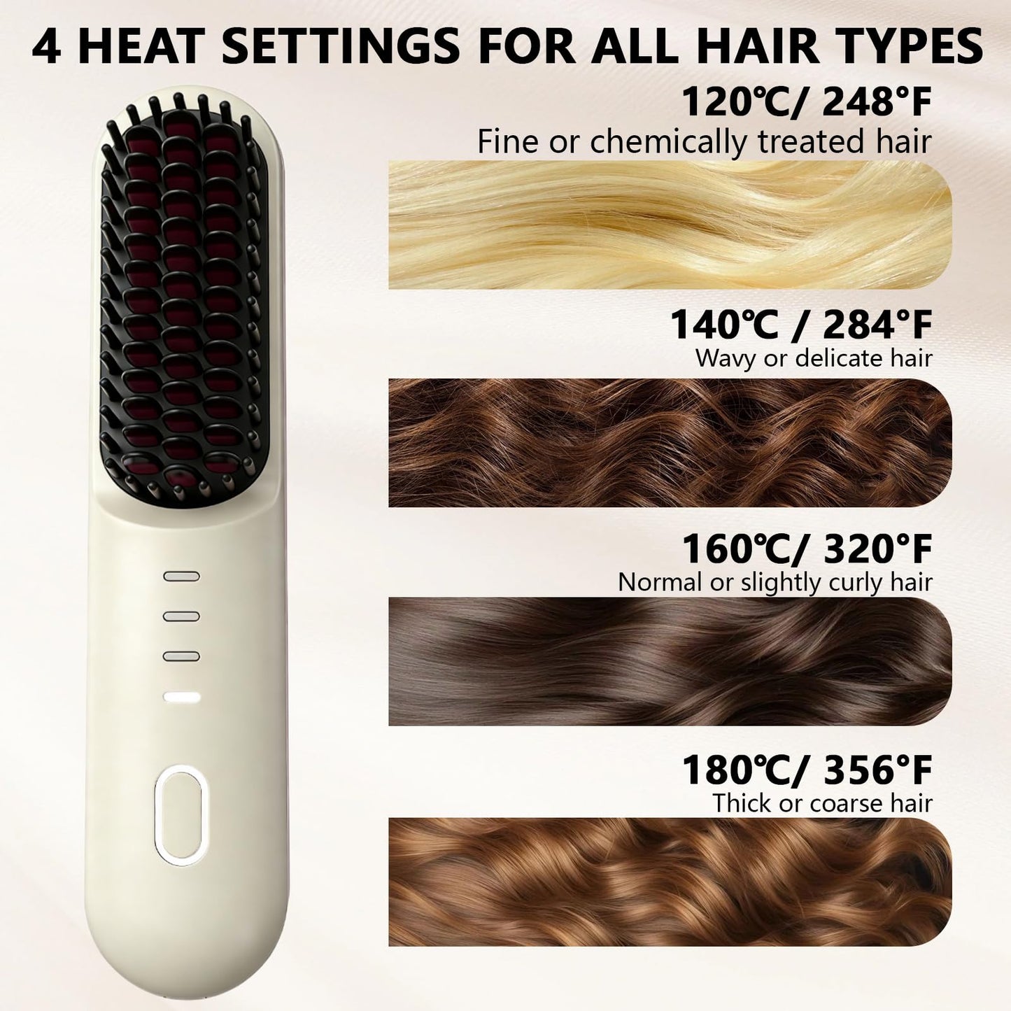 Go Brush Pro for Short Hair - 2026 Upgraded Cordless Hair Straightening Brush, 4 Temperature Settings, Fast Heat, MCH Ceramic Care, 4000mAh Rechargeable Straightener for Frizz-Free Styling（Beige）