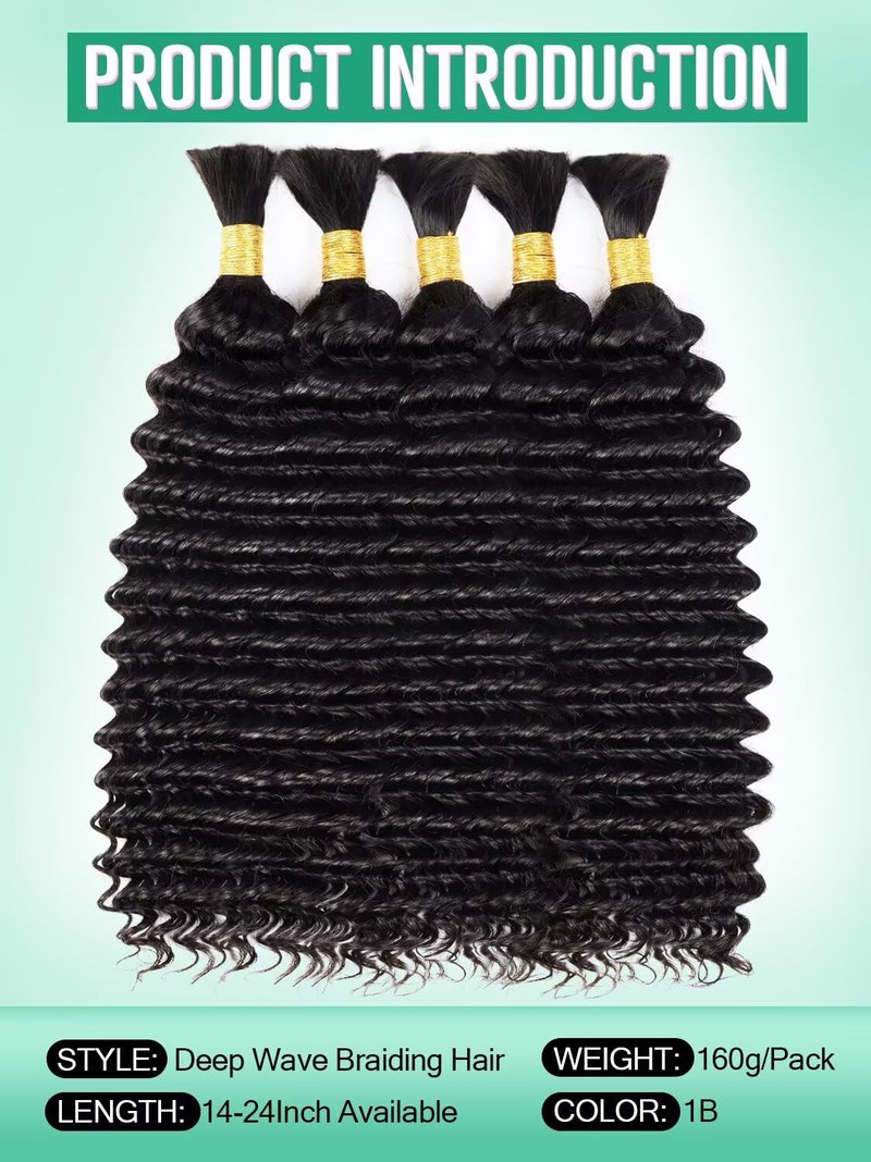 Boho Curly Braiding Hair - 24 Inch 160g Virgin Brazilian Human Hair | Soft, Tangle-Free Deep Wave Extensions for Knotless Styles