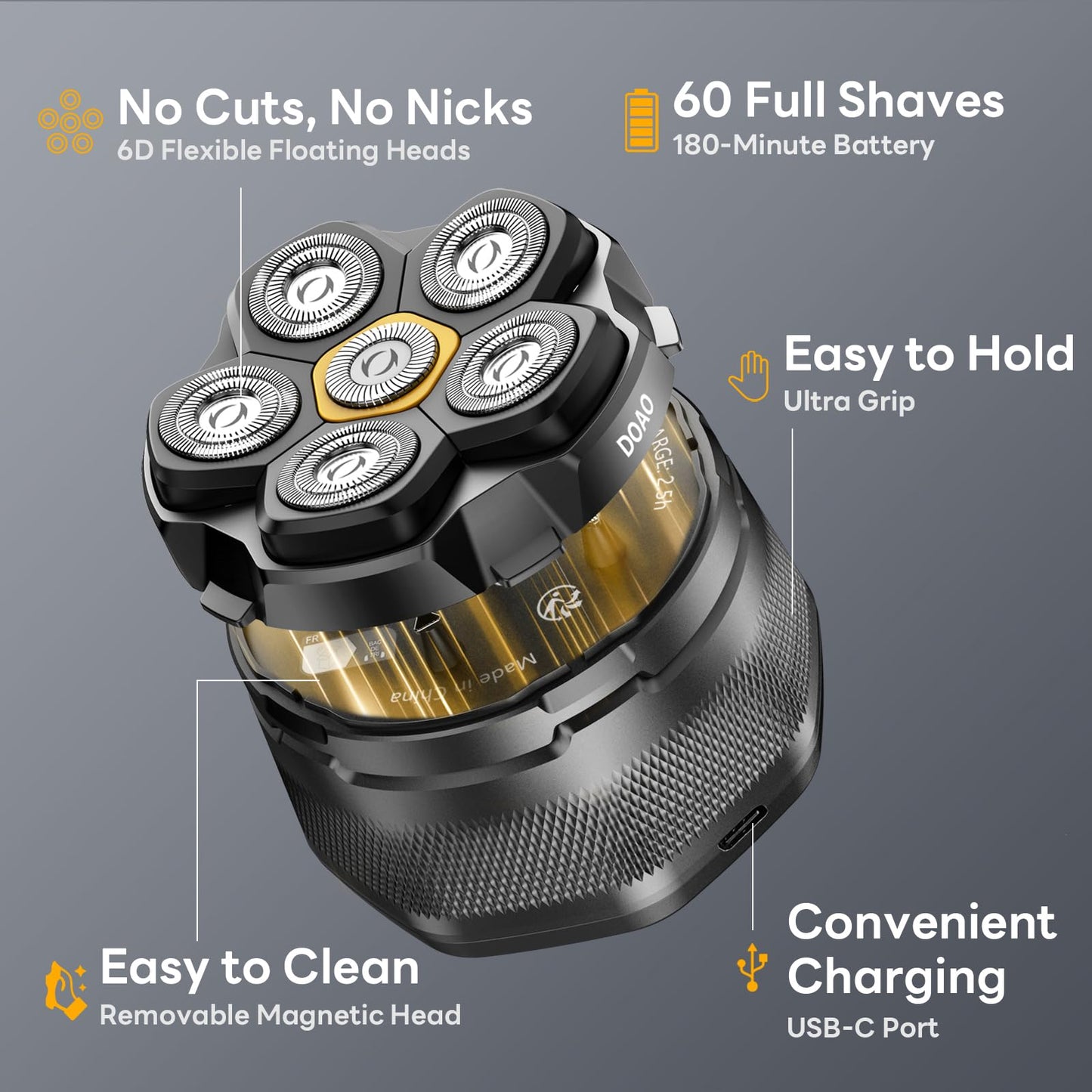DOAO Head Shavers for Bald Men, 6D Magnetic Floating Blades, Smooth Shave in 3 Minutes, USB-C Rechargeable, 180min Runtime, Wet & Dry, Easy Clean, Anti-Slip Design(A6-Plus)