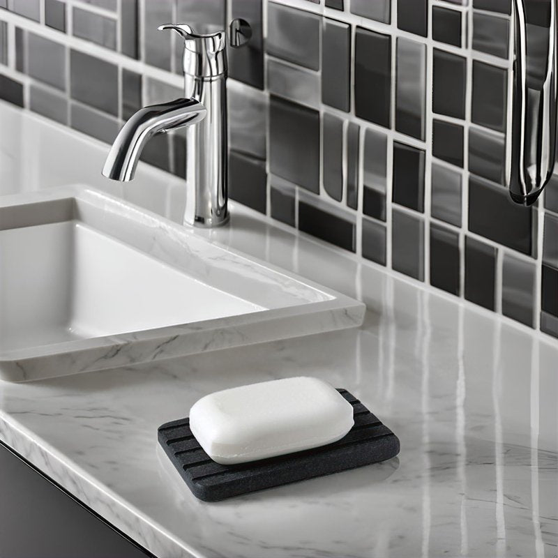 Stone Drying Tray, Water Absorbing Stone Tray for Sink, Soap Dish for Shower, Diatomaceous Earth Sponge Dispenser Holder for Kitchen Bathroom (Silicone Feet, Rectangle, Gray)