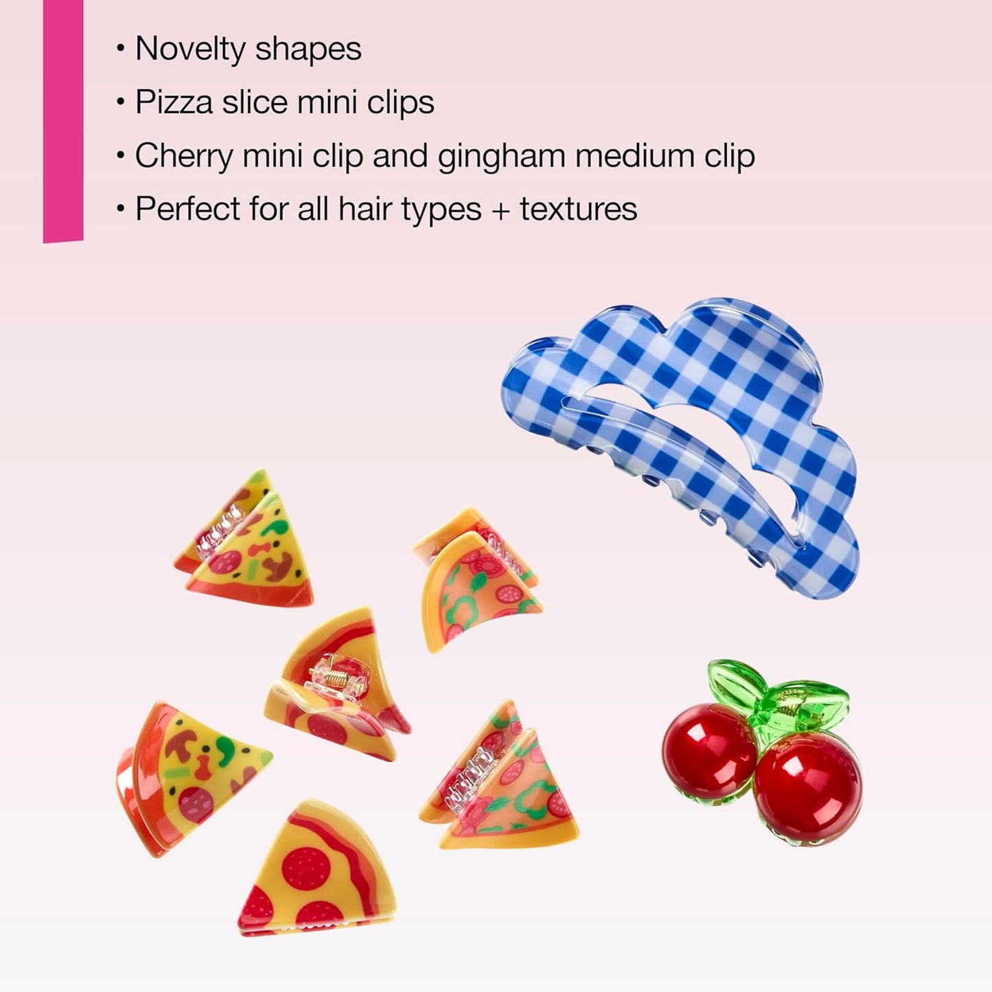 Scunci Novelty Food Claw Clips - Fun Mini Pizza & Cherry Hair Clips | 8PK, Trendy for All Hair Types