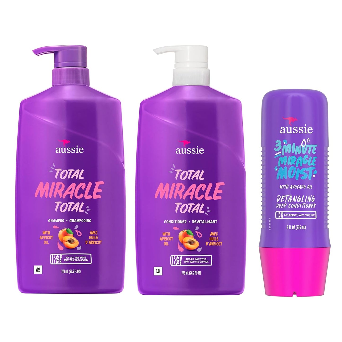 Aussie Total Miracle Hair Care Bundle | Shampoo & Conditioner with Apricot & Macadamia Oil - Paraben-Free, 26.2 & 8 Fl Oz