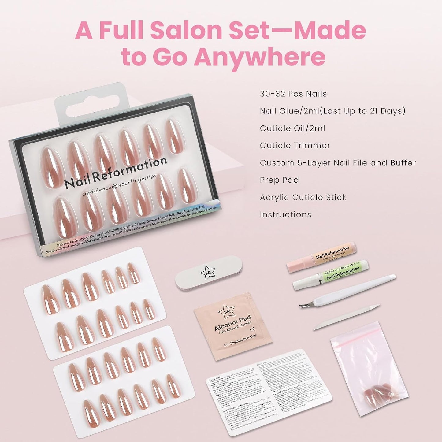 Almond Press On Nails - Rose Gold Glazed Finish | Natural & Reusable, 30 Nail Tips with Glue, 15 Sizes