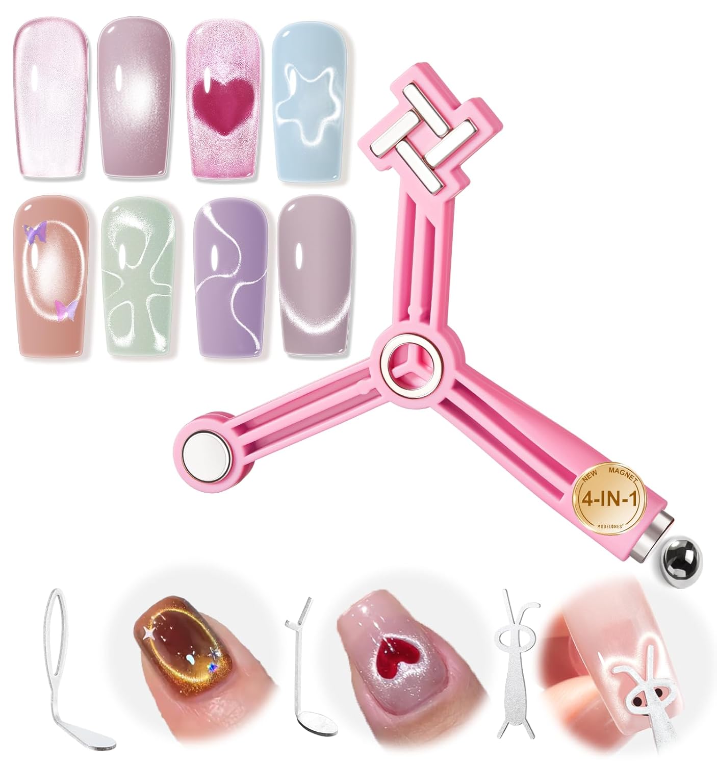 Cat Eye Gel Polish Magnet Set - 5 PCS 4-in-1 Nail Art Tools with Bead, Heart, Bunny & Circle Magnets for DIY Designs