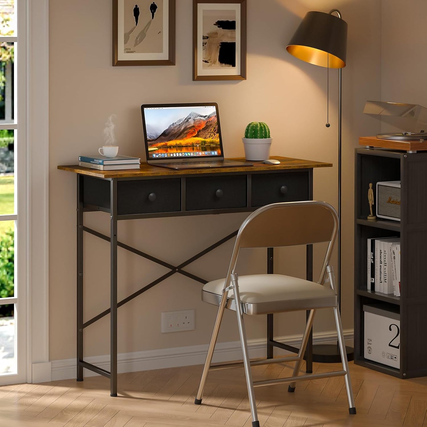 Small Writing Desk - 37.2 Inch Computer Desk with 3 Drawers | Rustic Brown for Bedroom, Home Office, Dorm