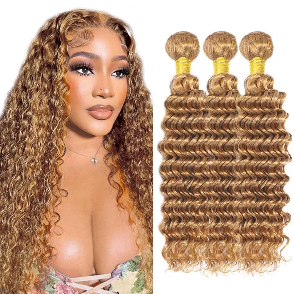 Honey Blonde Bundles Color #27 Deep Wave Bundle Brazilian Virgin Hair 3 Bundles 20 22 24 Inch Blonde Deep Wave Bundle Hair Extensions