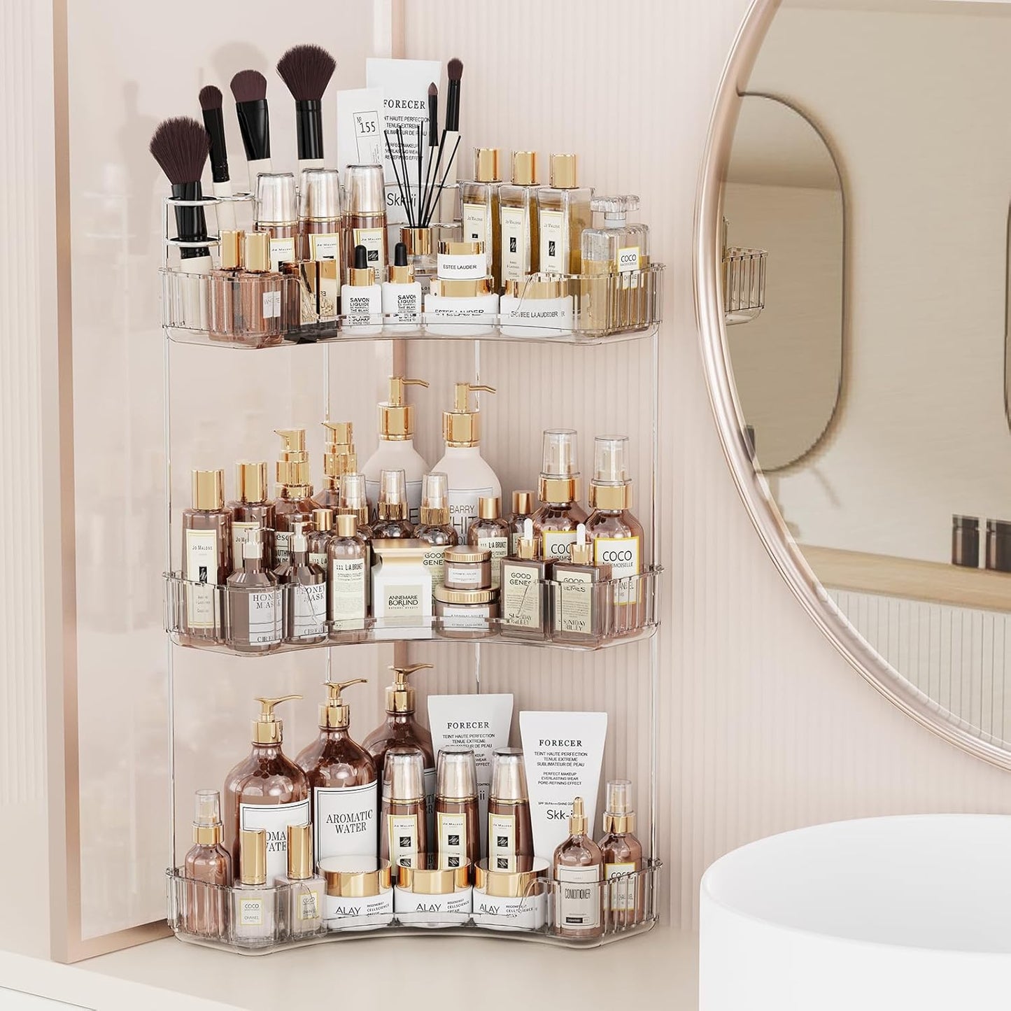 2-Tier Corner Bathroom Counter Organizer - Clear Makeup & Skincare Holder | Toothbrush & Brush Storage