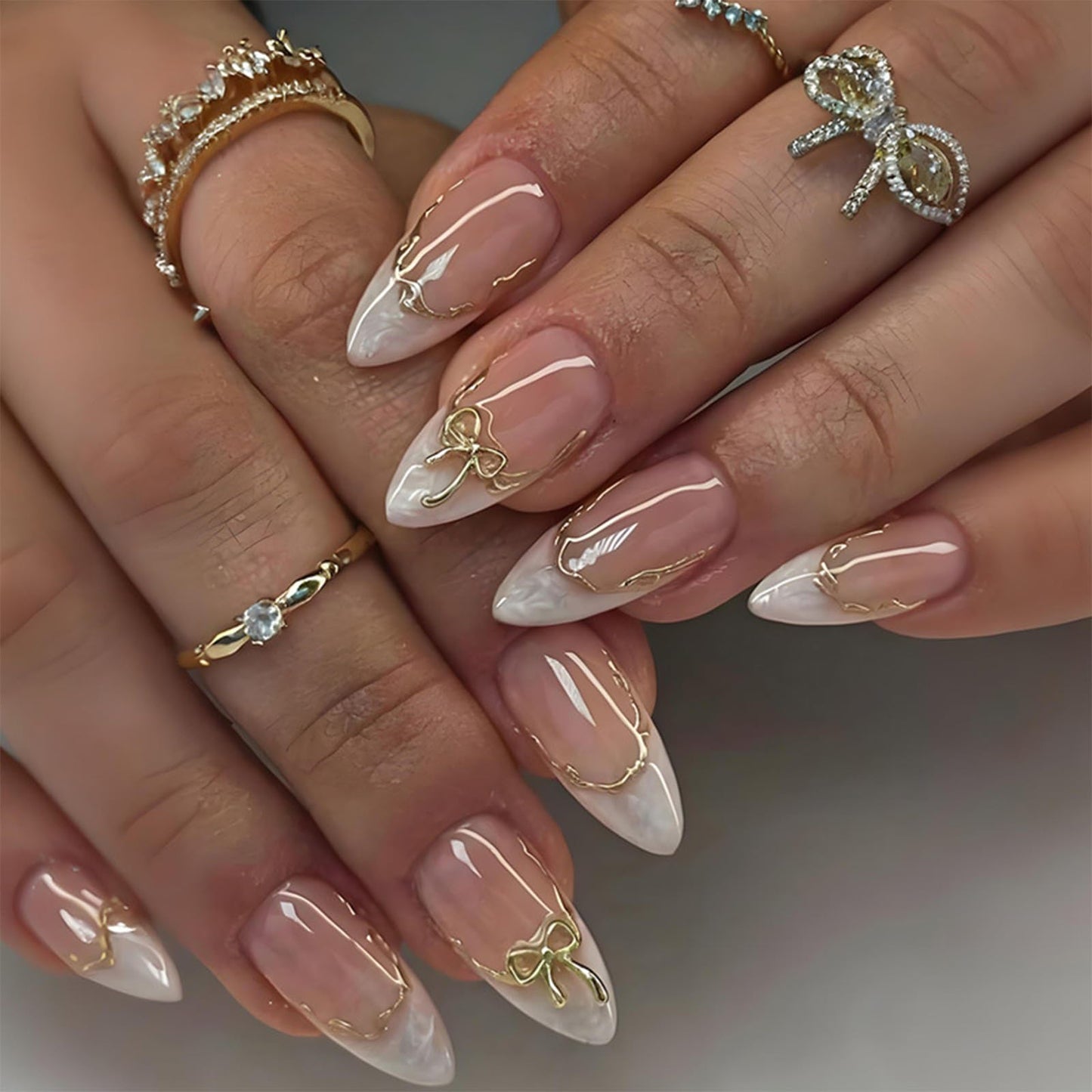 Medium Almond Press On Nails White French Tip Fake Nails with 3D Gold Bow & Metal Line Design Nude Glossy Full Cover False Nails Reusable Acrylic Nails Press On Stick on Nails for Women Girls 24Pcs