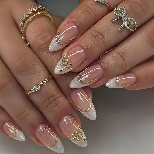 Medium Almond Press On Nails White French Tip Fake Nails with 3D Gold Bow & Metal Line Design Nude Glossy Full Cover False Nails Reusable Acrylic Nails Press On Stick on Nails for Women Girls 24Pcs