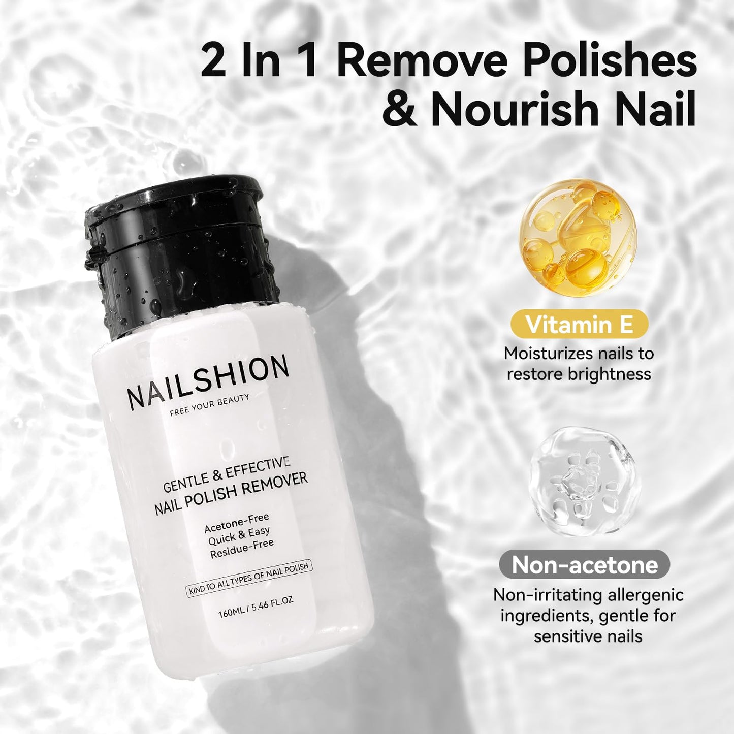 Nailshion Nail Polish Remover Non-acetone for All Air Dry Nail Polishes, 3-6s Quick Removal, One-hand Push-Down, No Toxic, Rich in VE Non-Drying, Salon DIY Nail Art Supplies 5.46 fl. oz
