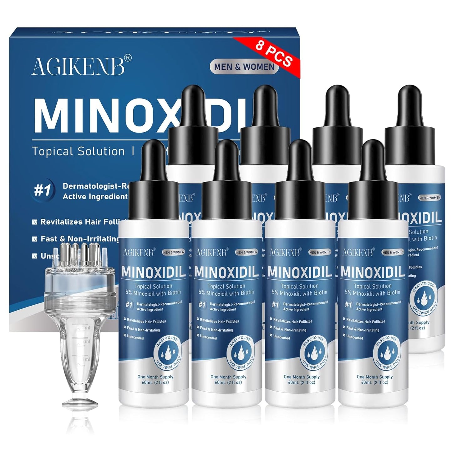 Minoxidil Hair & Beard Growth Treatment - 5% Solution with Biotin | 8 Pack, 8 Month Supply for Thicker, Fuller Hair