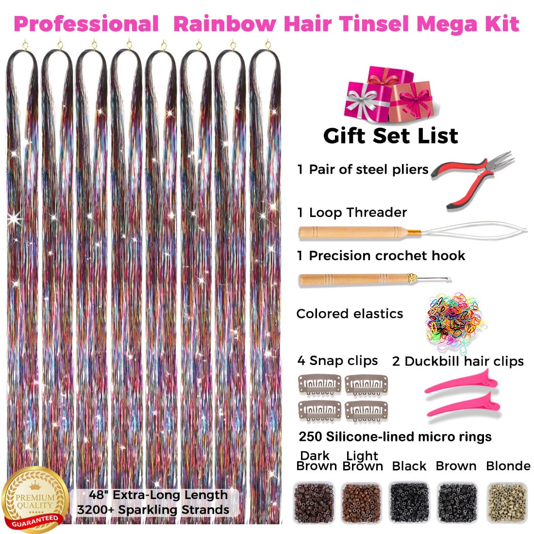 Rainbow Holographic Hair Tinsel Kit - 3200+ Strands of Easy DIY Glitter Extensions | 48" Heat Resistant for Parties & Festivals