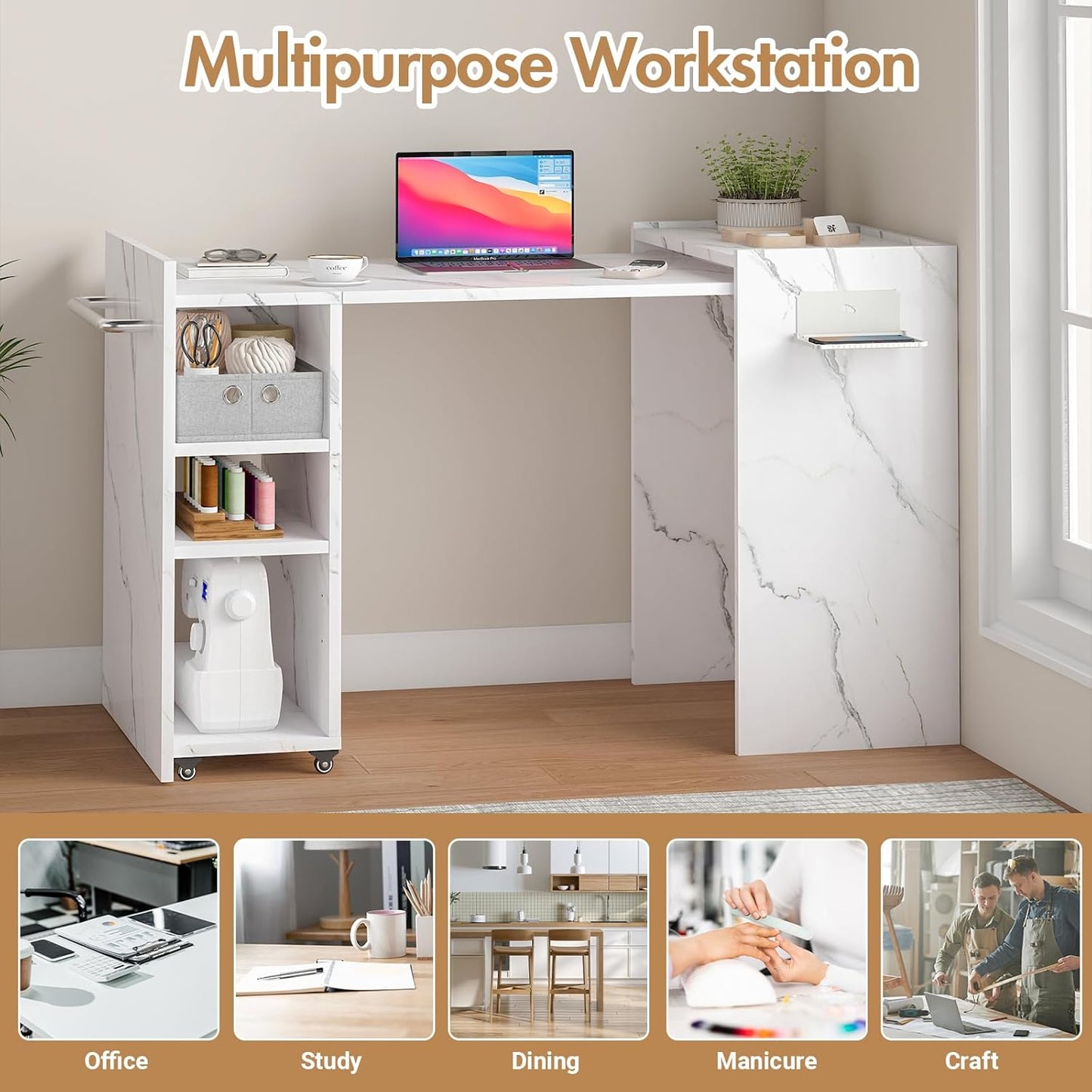 Foldable Manicure Table - Expandable Nail Tech Desk with Storage Drawer | Modern White Marble Design for Home & Salon
