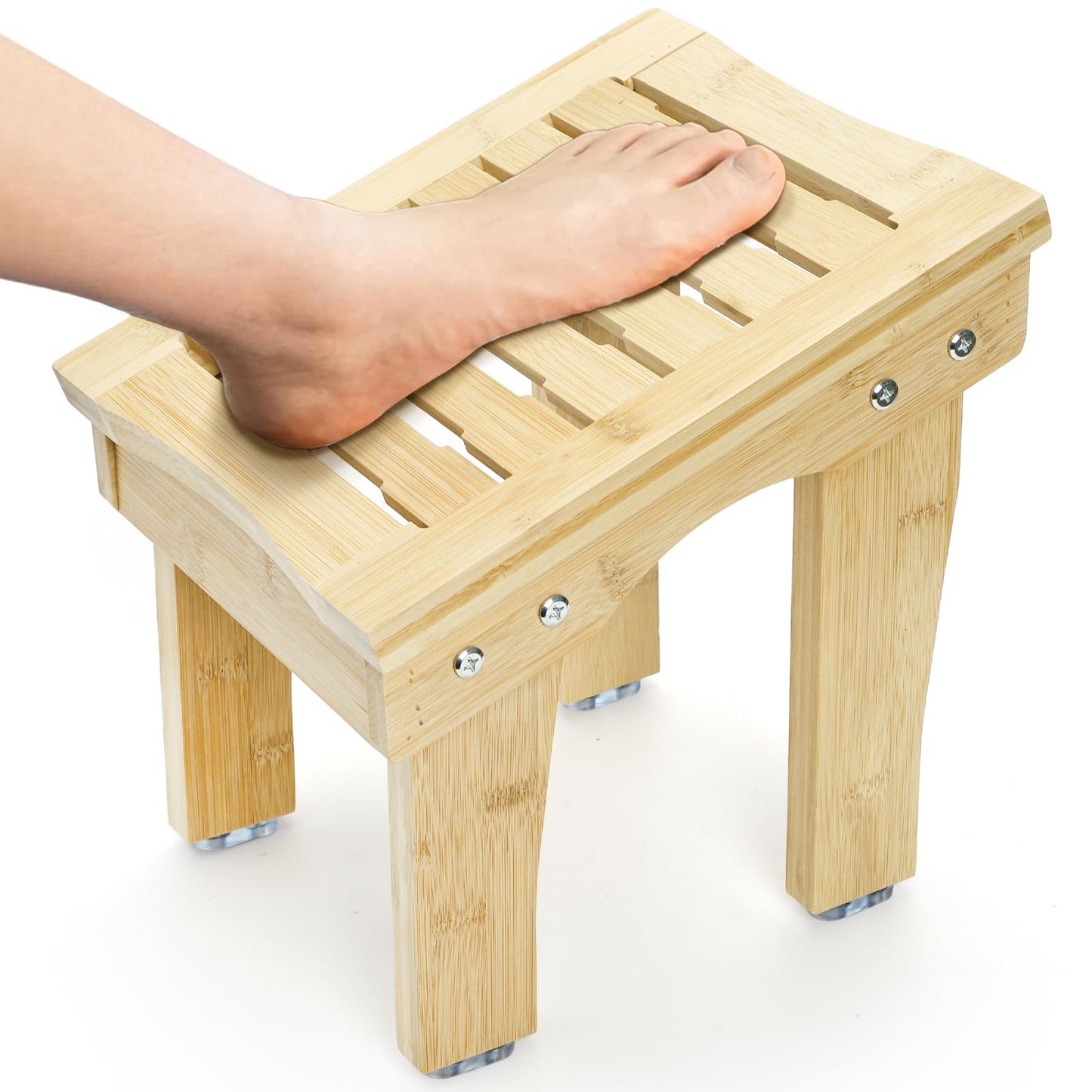SOUJOY Shower Stool for Shaving Legs, 12 Inch Bamboo Shower Foot Rest, Non-Slip Bath Foot Step Bench, Waterproof Small Shaving Stool for Inside Shower, Bathroom