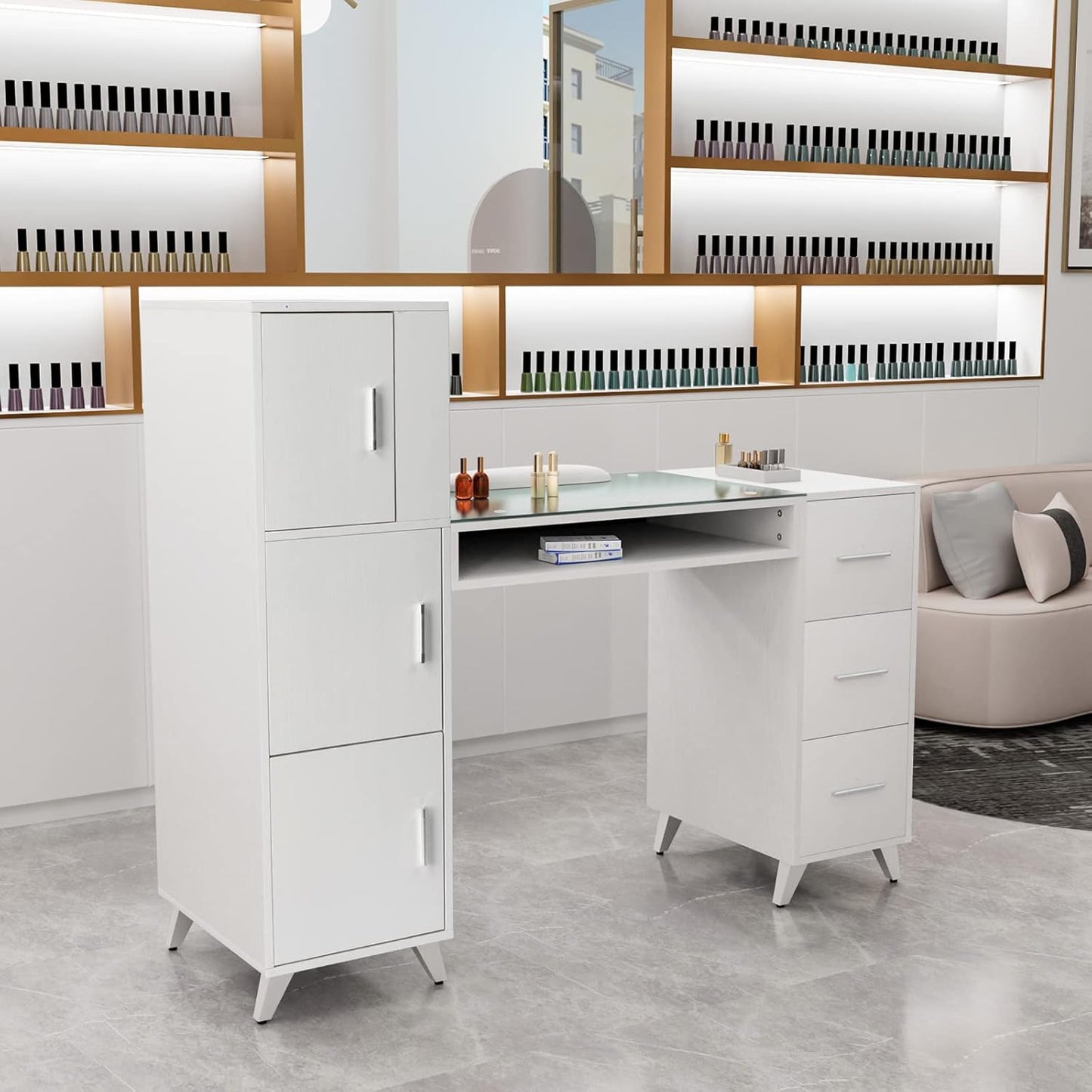 OmySalon Manicure Table - Nail Desk with Glass Top & Wrist Rest | Acetone Resistant, 3 Cabinets & Drawers for Nail Tech