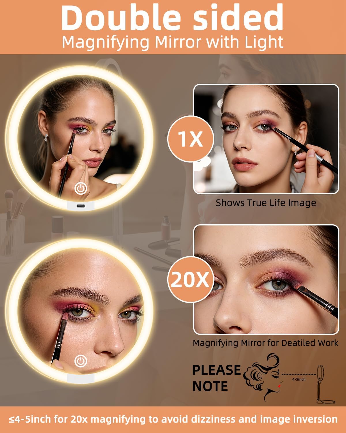 Travel Magnifying Makeup Mirror - Dual-Sided 1X/20X Lighted | Rechargeable, 6-Inch, 360° Adjustable