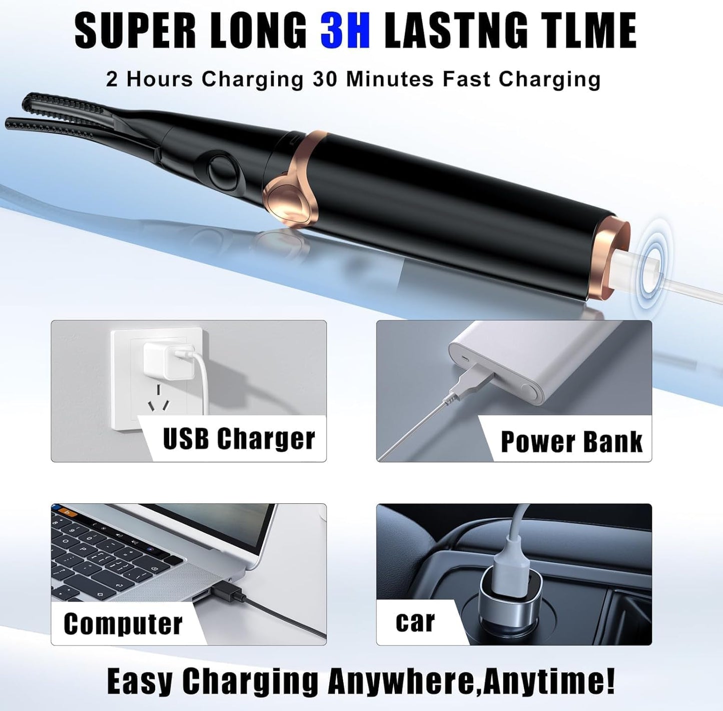 Heated Eyelash Curler - USB Rechargeable 2-in-1 Design | 3 Temperature Modes, 24H Long-Lasting Curl, Black
