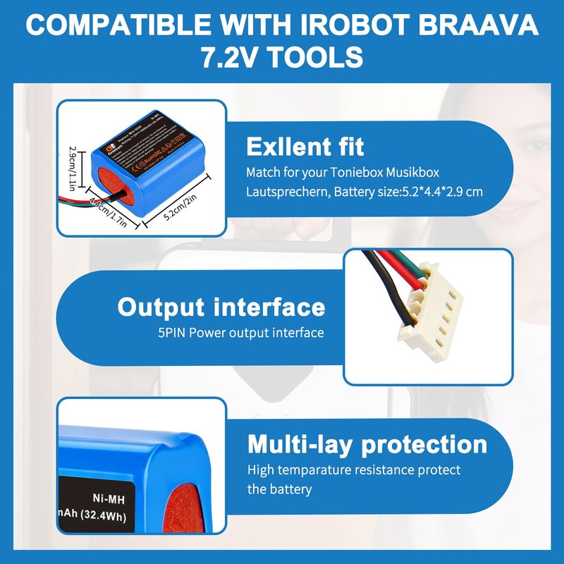 Gretbatt 7.2V 4500mAh NI-MH Replacement for iRobot Braava Battery 380, 380T, 390, 390T Mint 5200, 5200B, 5200C