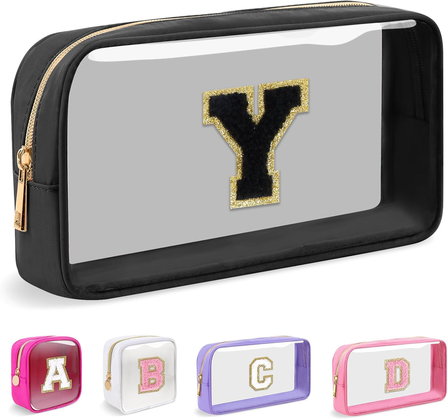Personalized Initial Makeup Bag - Waterproof Nylon Cosmetic Pouch | A-Z Chenille Letter Patch, White-Pink G