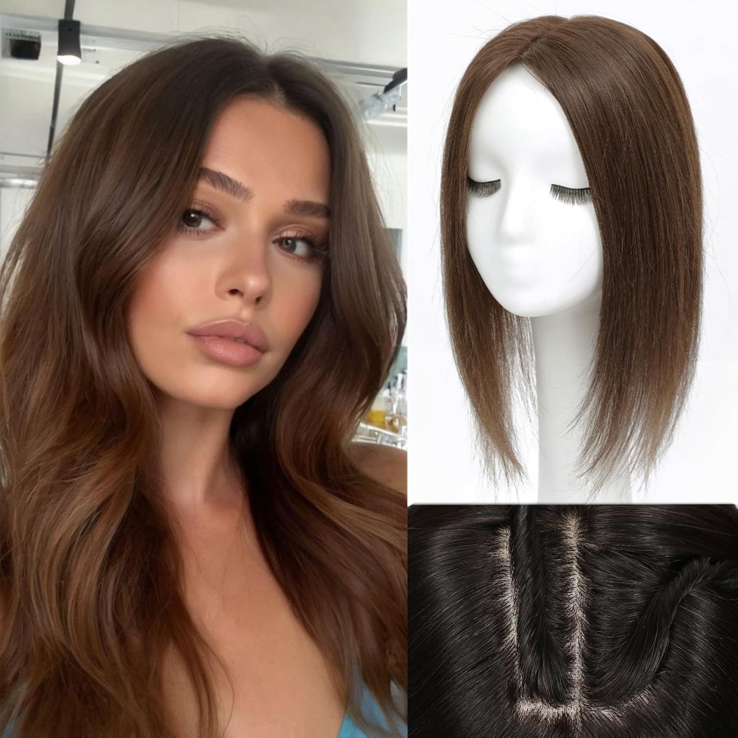 Hair Toppers for Women - Real Human Hair 14 Inch Clip-In Curtain Bangs | Big Base 360° Coverage (Mocha Brown)