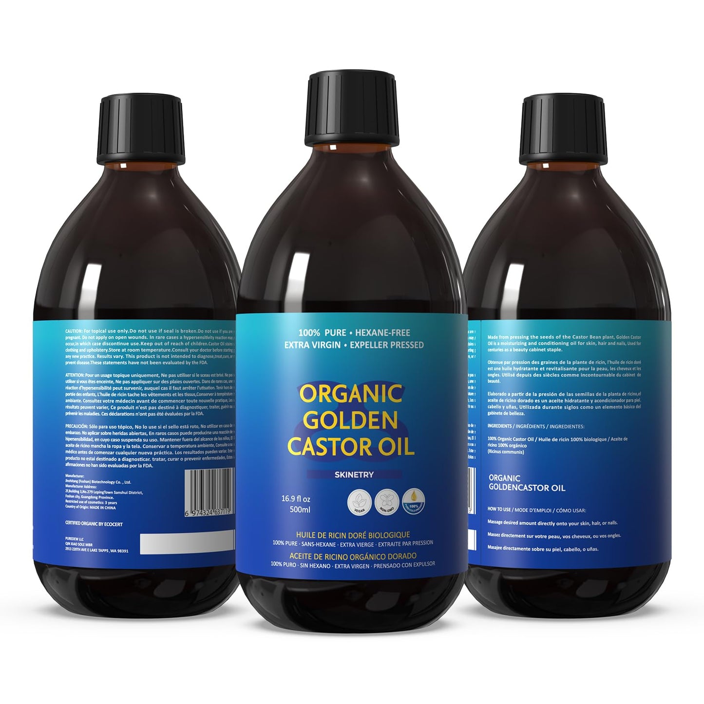 Skinetry Organic Golden Castor Oil - [16.9oz (500ml)]-100% Pure for Hair, Skin, Nails, Brows & Lashes Deep Hydration & Smoothing Promotes Hair & Brow Growth Makeup Clean- Hexane-Free - USDA Certified