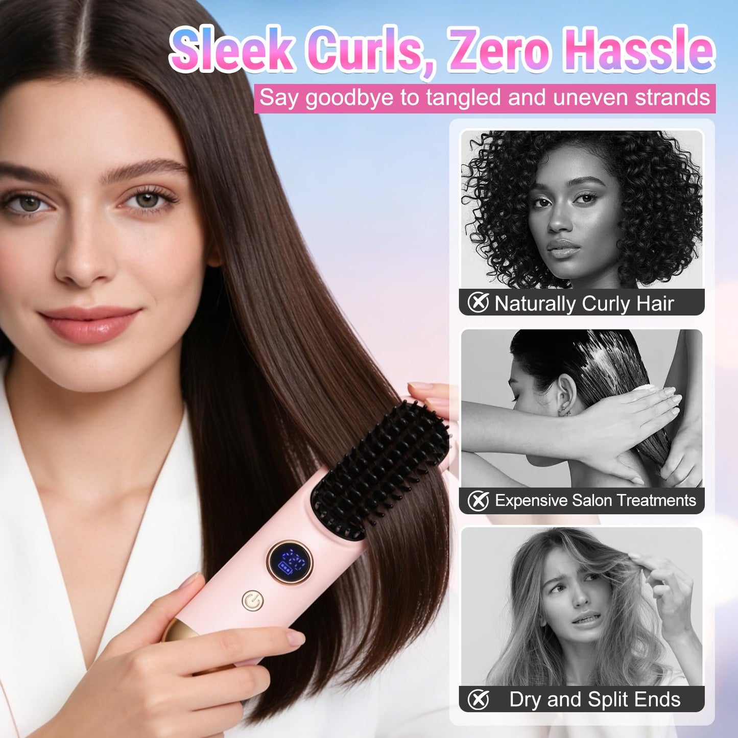 2026 Hair Straightener Brush, Cordless Hair Straightener Brush for Short Hair, Mini Portable Cordless Travel Straightening Hair Comb Brush with 9 Temps Fast Heating for Women (Blue)