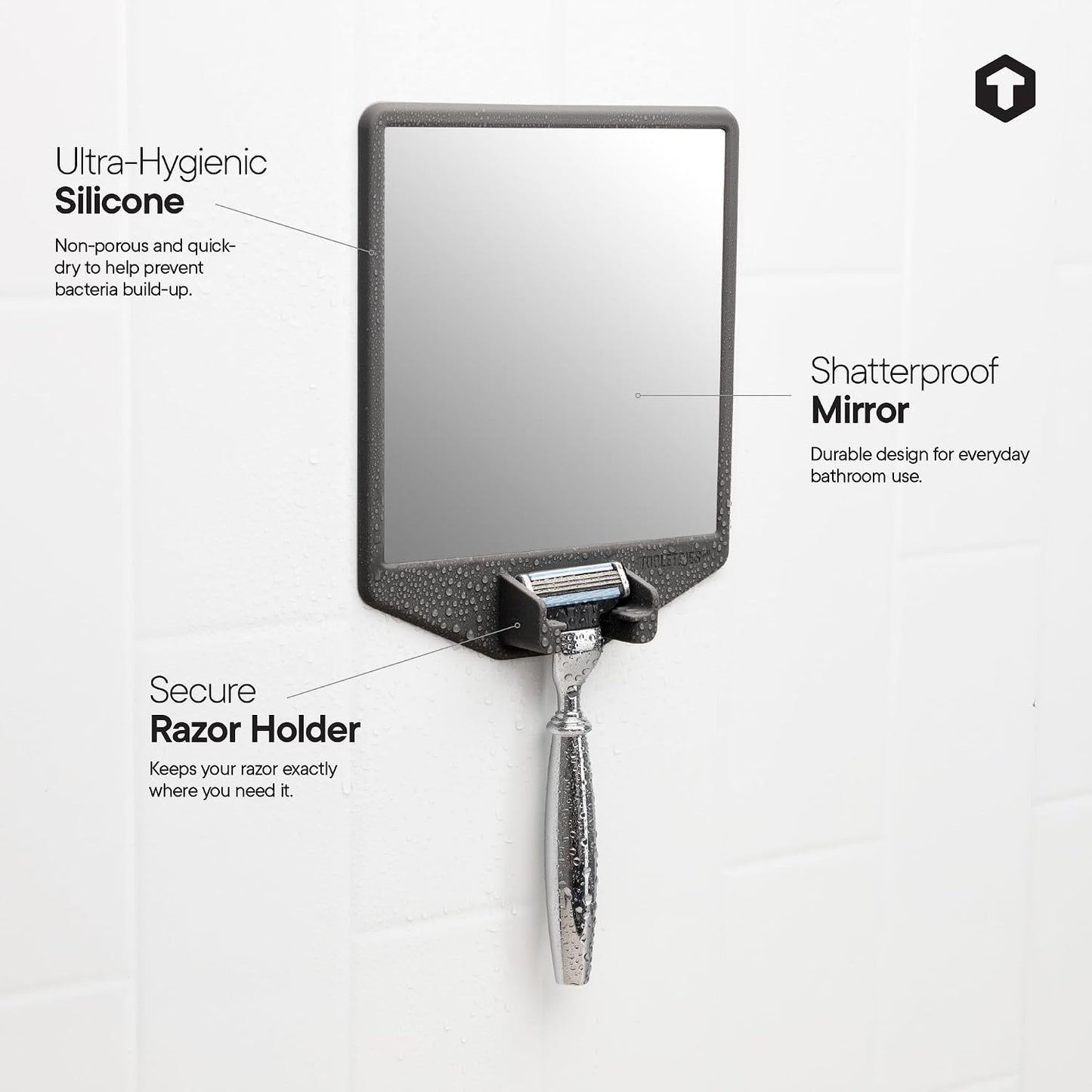 Joseph Shower Mirror - Fog-Free Shaving Mirror with Silicone Razor Holder | Charcoal Color