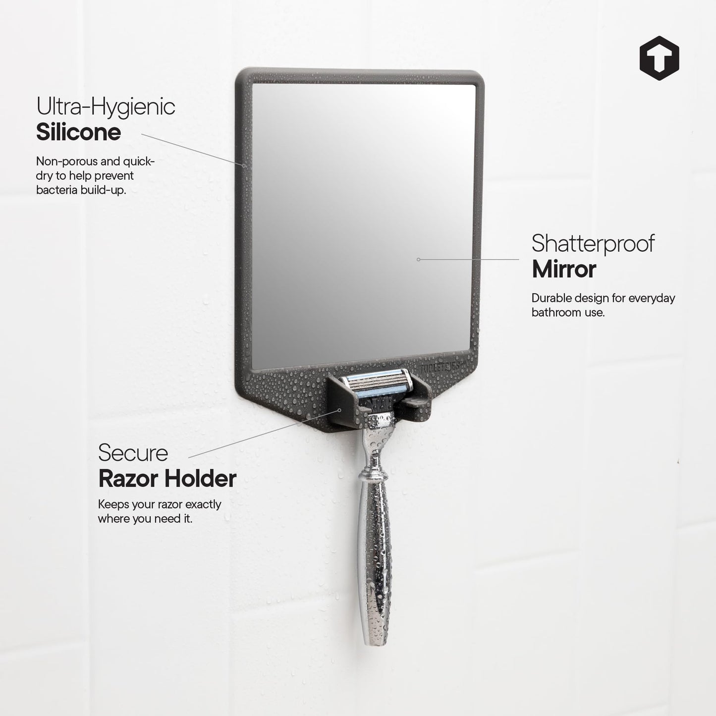 TOOLETRIES The Joseph Shower Mirror for Shaving, Fog Reduction Bathroom Mirror with Silicone Razor Holder & Reusable Wall Mount Grip, Shower Grooming Accessory - Charcoal
