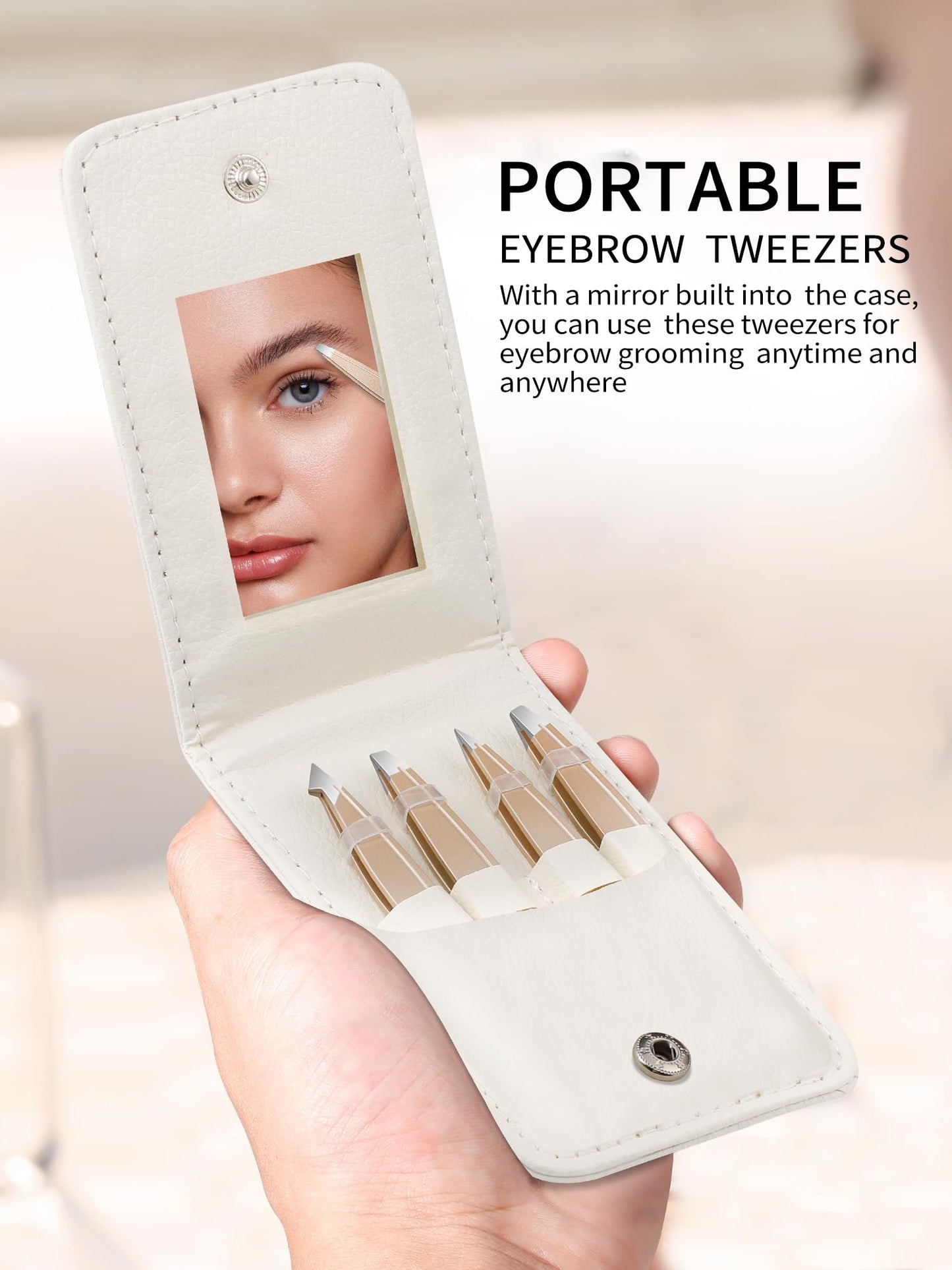 Tweezers Set for Women Facial Hair: Stocking Stuffers 4Pcs Stainless Steel Eyebrow Tweezer Set with Travel Mirror Case, Suitable for Everyday Use in Car, Purse