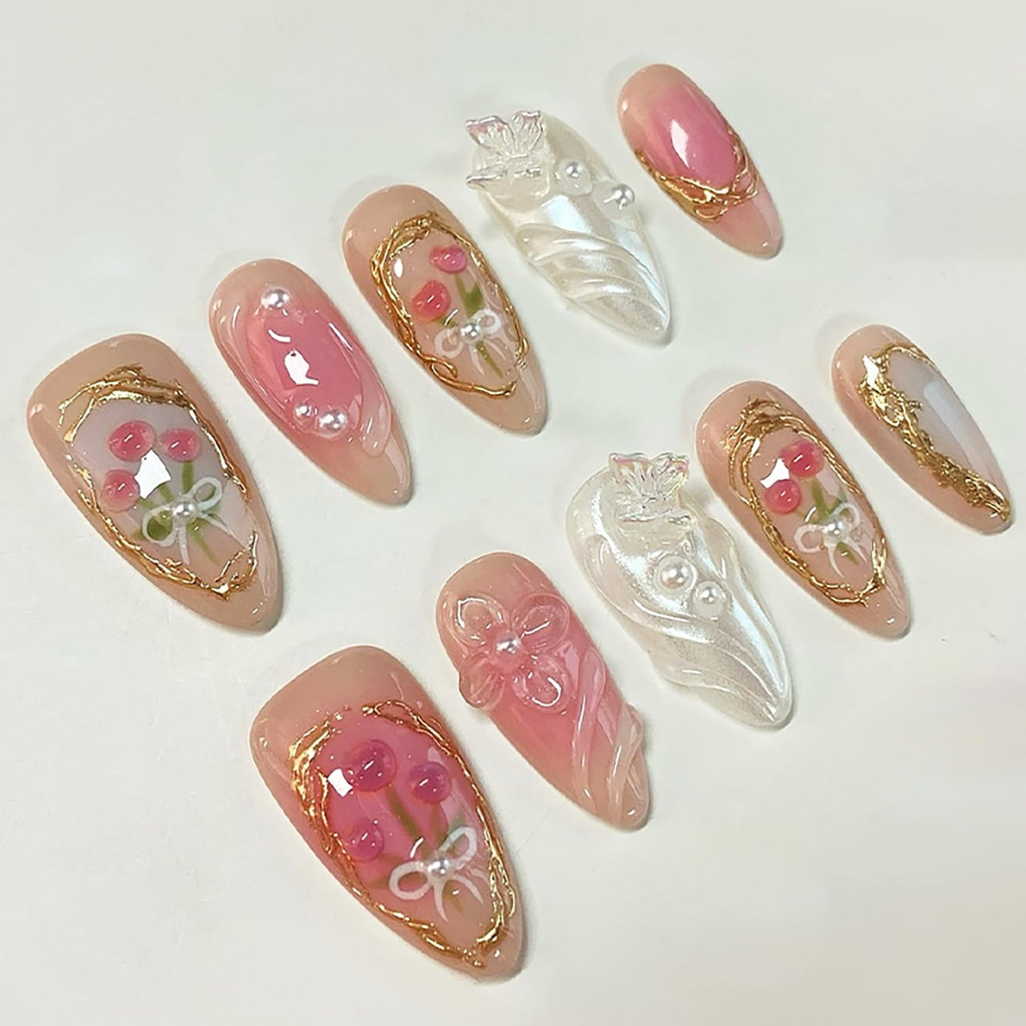 30Pcs Black Press-On Nails - Short Almond Shape with 3D Flower Designs | Summer Butterfly Acrylic Full Cover