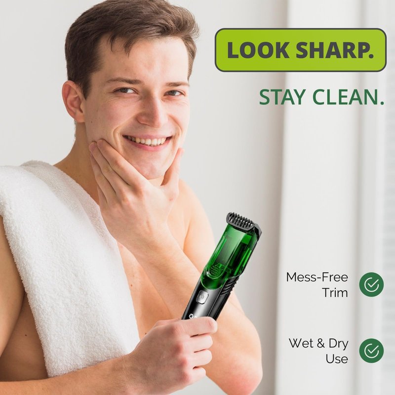 Vacuum Beard Trimmer for Men, Beard and Mustache Trimmer for Men with Adjustable Length Comb (1–20mm), IPX6 Waterproof Built-in Electric Trimmer for Beard, Mustache, and Stubble.