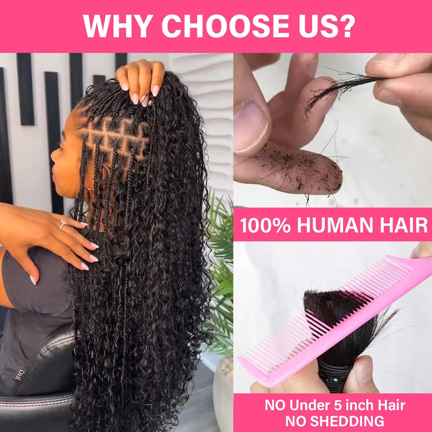 WOWANGEL Human Braiding Hair for Boho Braids, Natural Black, 20 Inch