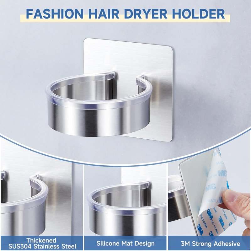 Oukimly Hair Dryer Holder Wall Mounted, Blow Dryer Holder, Hair Tool Organizer for Hair Dryer Storage Hanger, Adhesive Hairdryer Holder for Bathroom Barber Shop (Silver)
