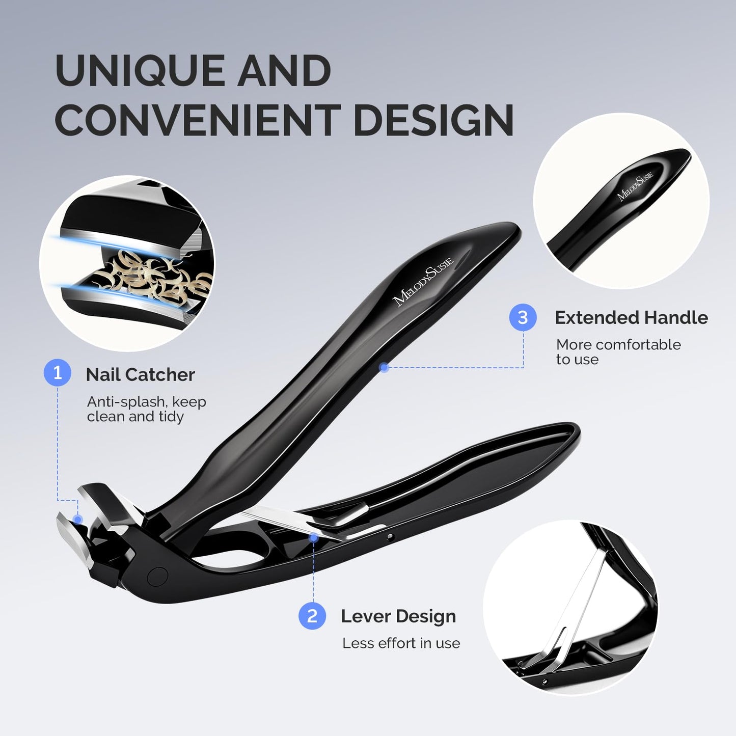MelodySusie Wide Jaw Opening Nail Clippers, Toenail Clippers for Seniors Thick Nails, Angled Head Large Nail Clippers for Men Women with Nail File, Fingernail Cutter with Catcher Long Handle, Black