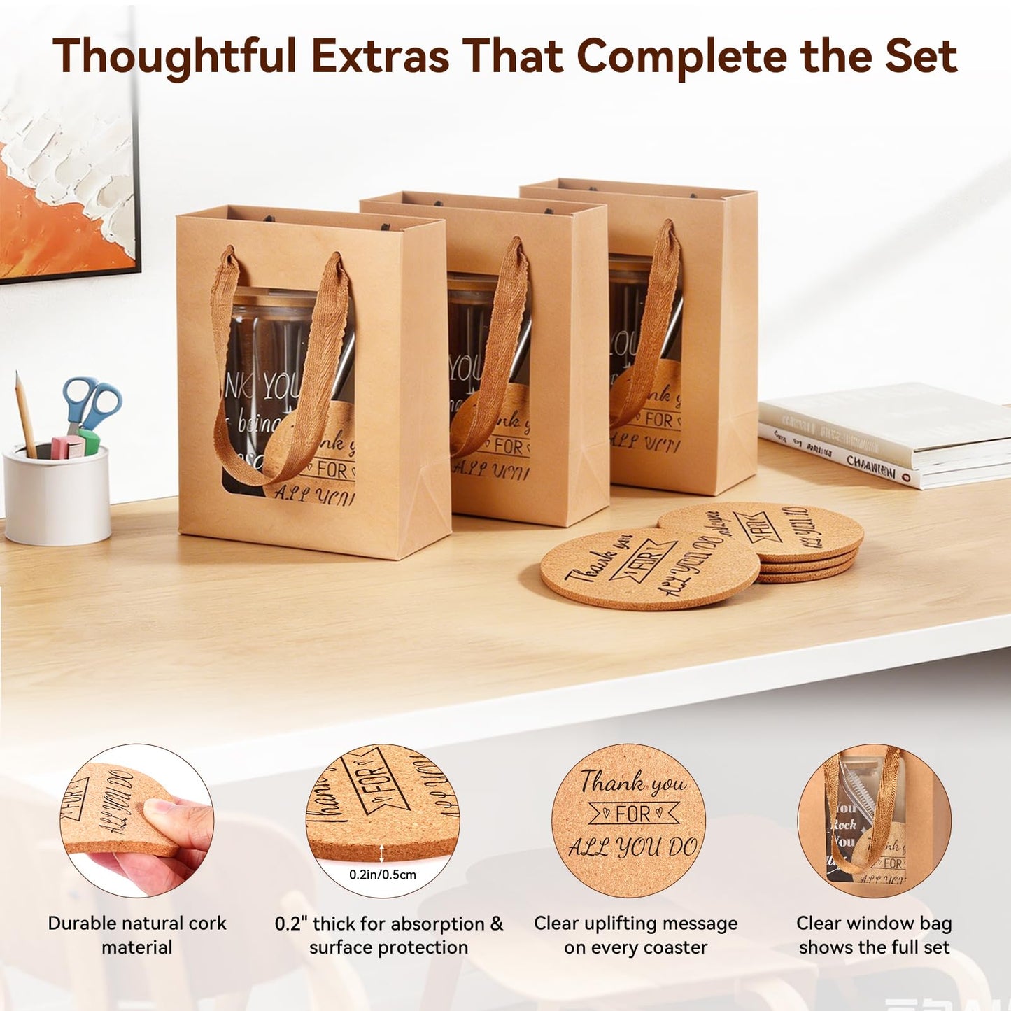 40 Pcs/8 Sets Employee Appreciation Gifts Glass Cups with Coasters, Straws, Gift Bags – Thank You Gifts for Coworkers, Teachers, Nurses, Staff, for Office, School, Team Building, Birthday & Holiday