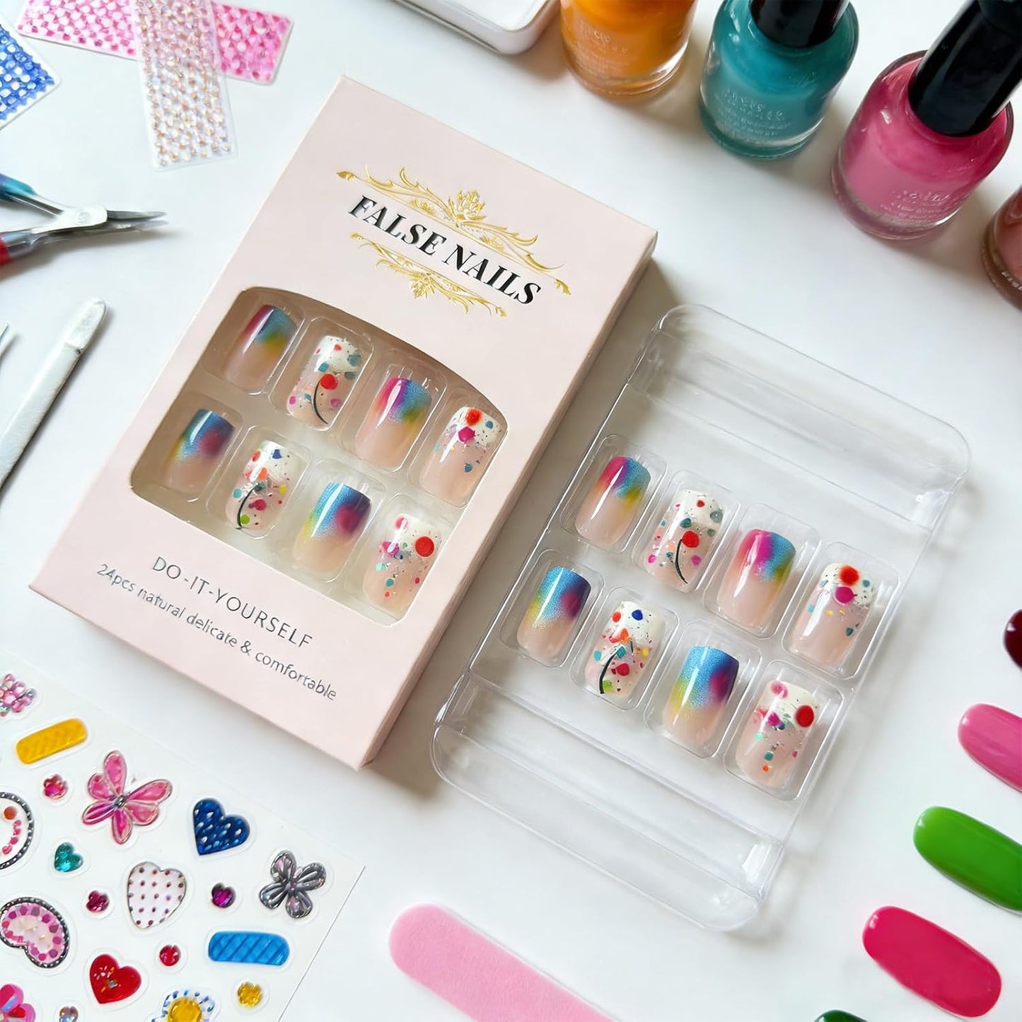 Ombre Press-On Nails - Medium Square Acrylic Nails with Colorful Polka Dots | 24 Pcs Full Cover Set for Summer Manicure