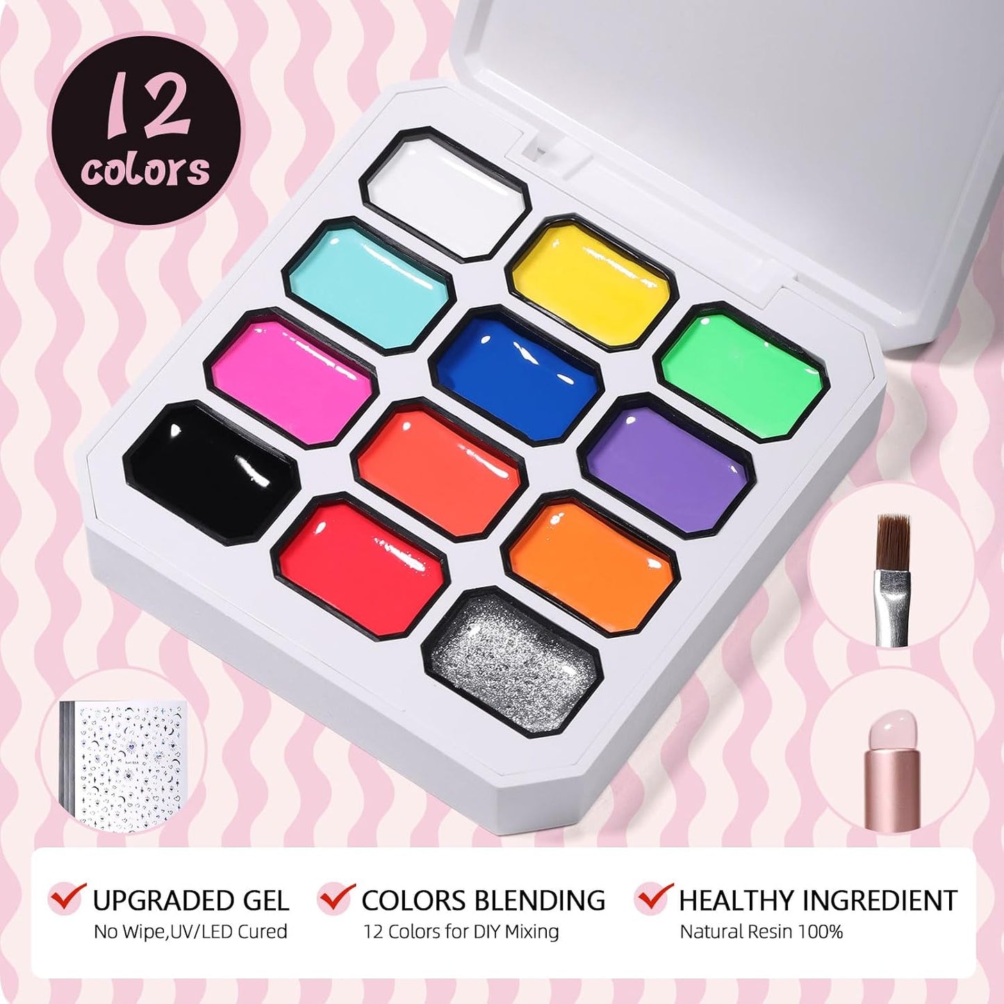 Ombre Nail Gel Polish Kit - 12 Color Patting Palette with Brush & Stickers | UV/LED Curing for DIY Manicure