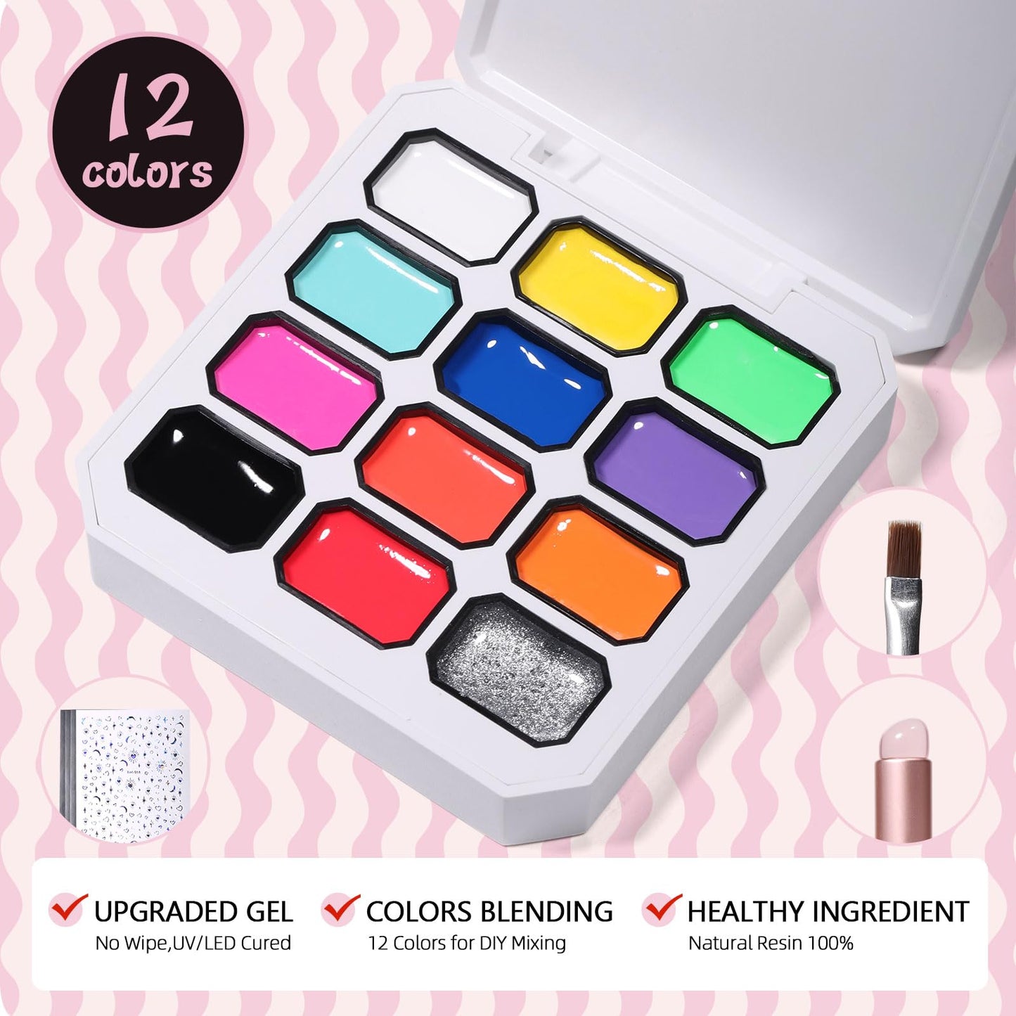 GELLAKTIK 12 Color Patting Nail Gel Polish Kit, Ombre Painting Gel Palette with Brush & Silicone Patting Pen & Nail Art Stickers - UV/LED Curing for Gradient Nails, Beginner Friendly DIY Manicure Set