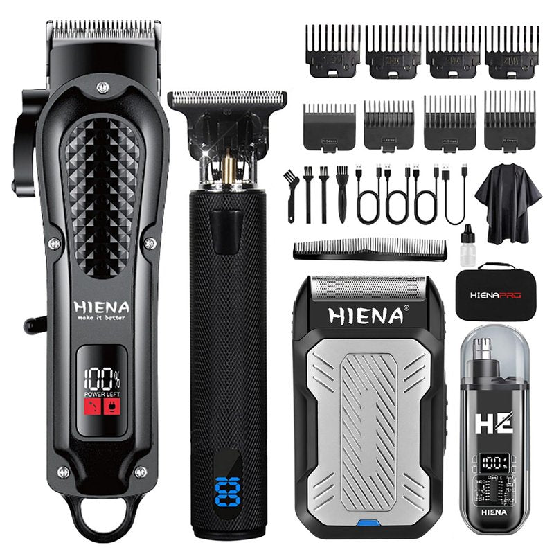 HIENA PRO Professional Cordless Hair Clippers for Men, T-Blade Beard Trimmer & Foil Shaver & Nose Hair Trimmer Set, Barber Clipper Hair Cutting Grooming Kit