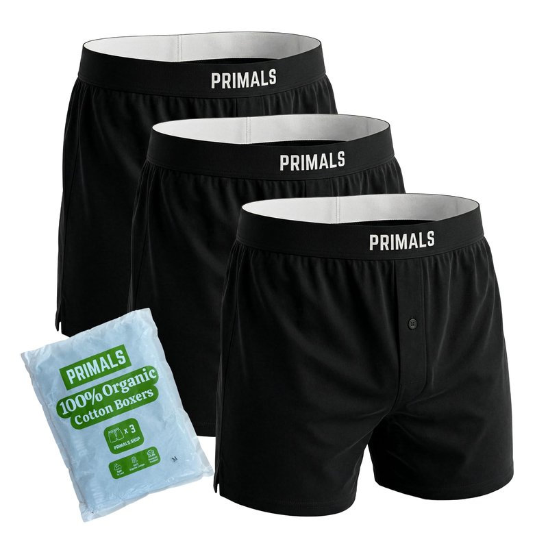 PRIMALS 100% Organic Cotton Boxers - Improves Testosterone & Fertility - Soft & Breathable - Midnight Black (3 Pack) (US, Alpha, Large, Regular, Regular, Midnight Black)