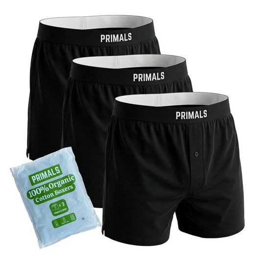 PRIMALS 100% Organic Cotton Boxers - Improves Testosterone & Fertility - Soft & Breathable - Midnight Black (3 Pack) (US, Alpha, Large, Regular, Regular, Midnight Black)