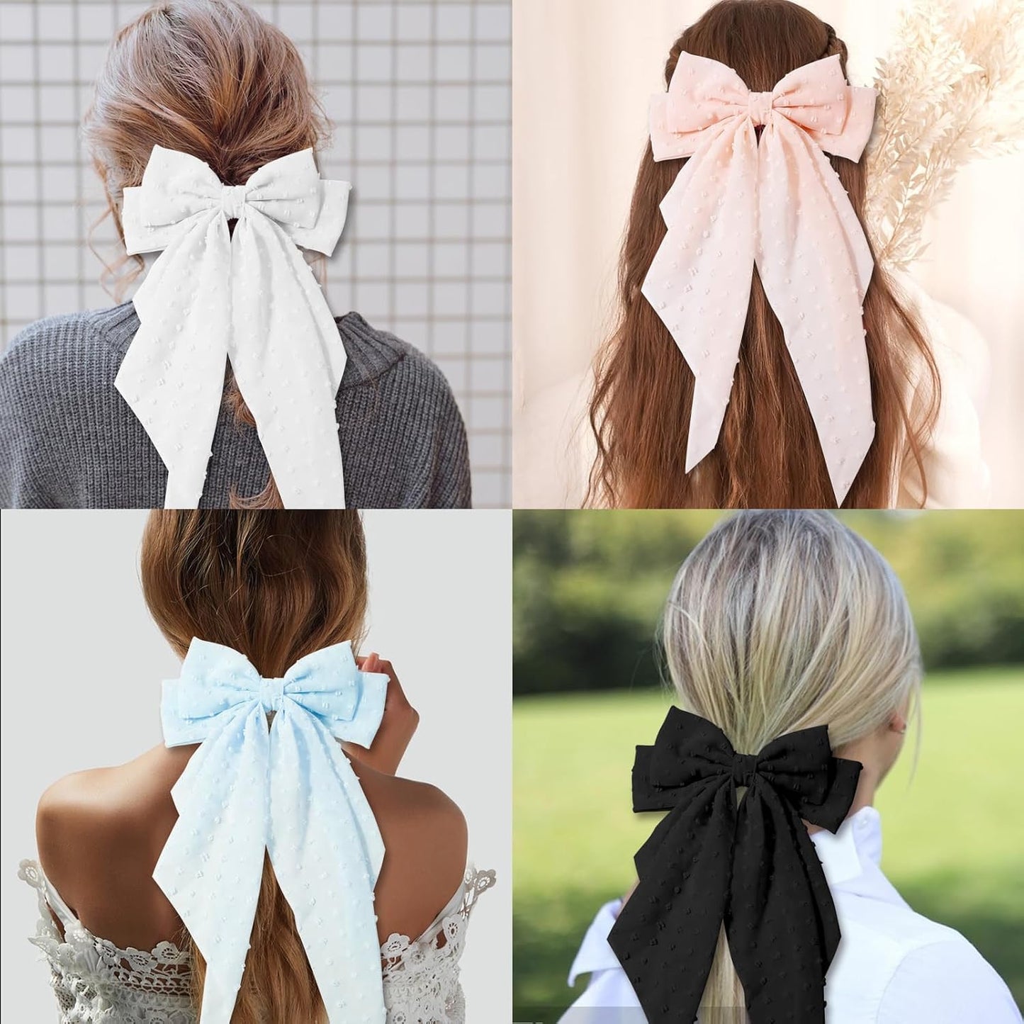 Large Hair Bows for Women - 4 Pcs Big Bow Clips | French Barrette Bowknot with Long Tail (Pink, Blue, White, Black)
