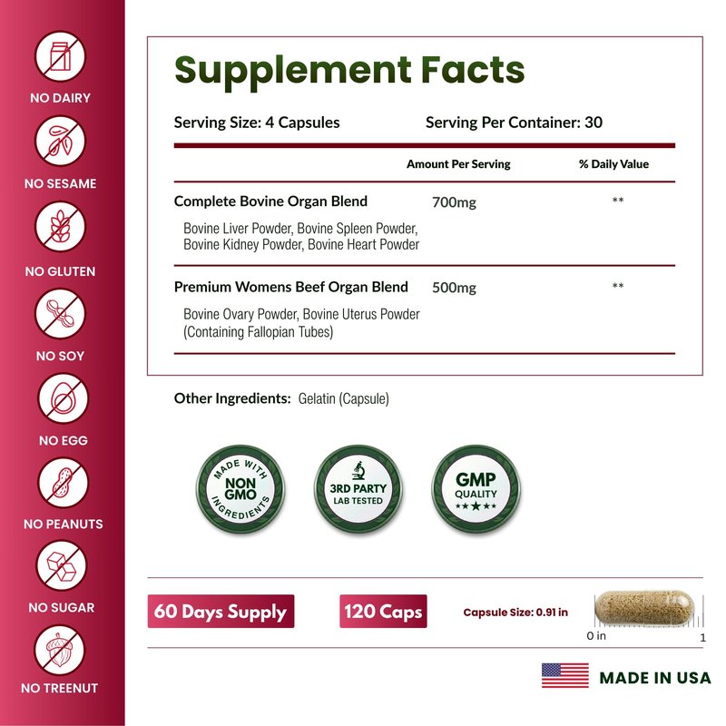 ForestLeaf Beef Organ Supplement for Women - Zero Fillers, Grass Fed Beef Organs Complex - 1200mg per Serving - Support Women's Energy & Overall Health - 120 Capsules
